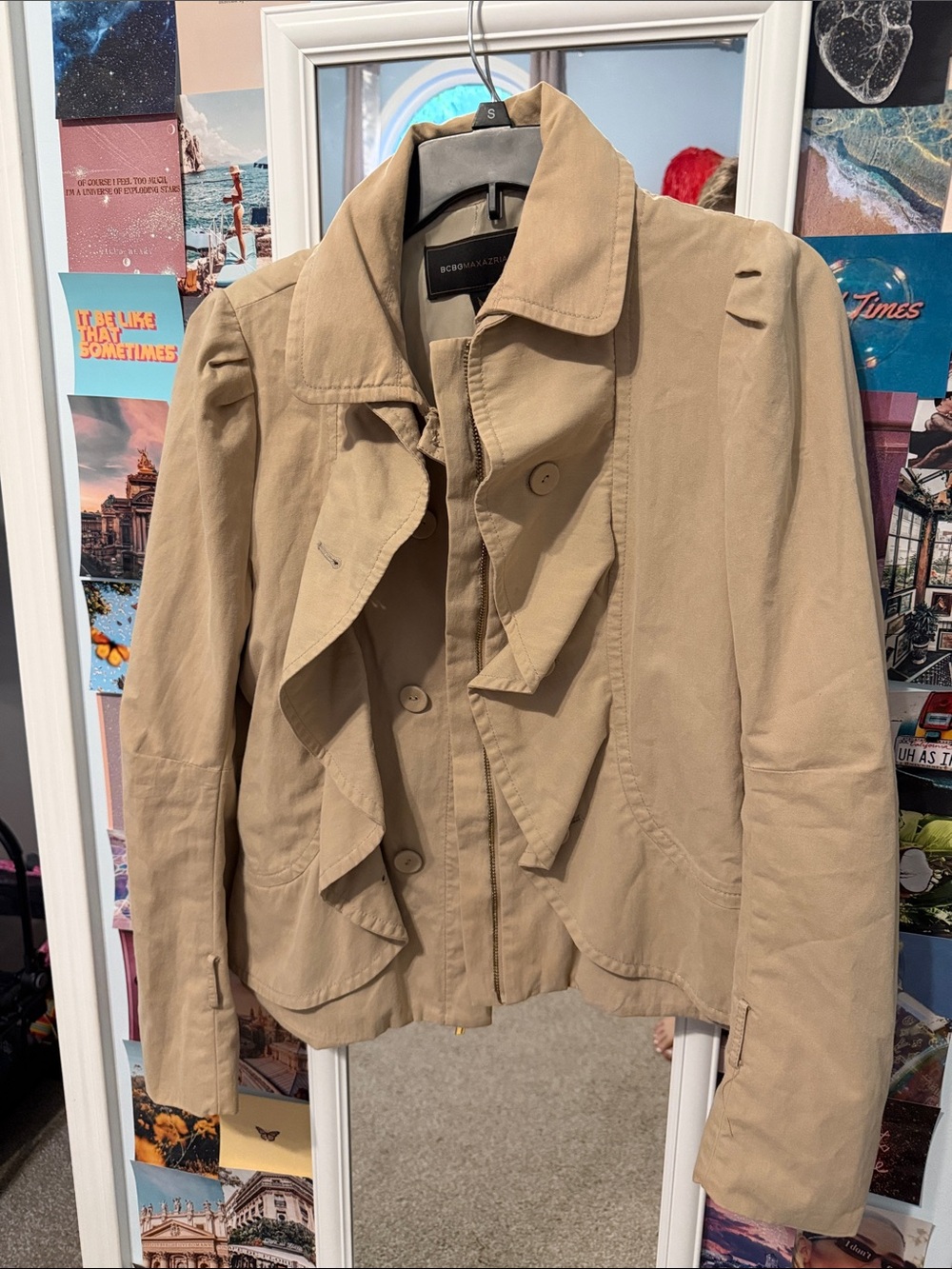 BCBGMaxAzria Beige Short Ruffle Trench Jacket